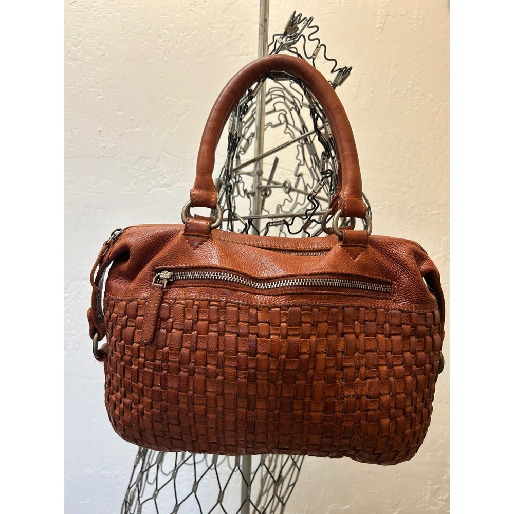 Vilenca Holland Woven Leather Satchel Handbag Cognac Brown Top Handle Bag